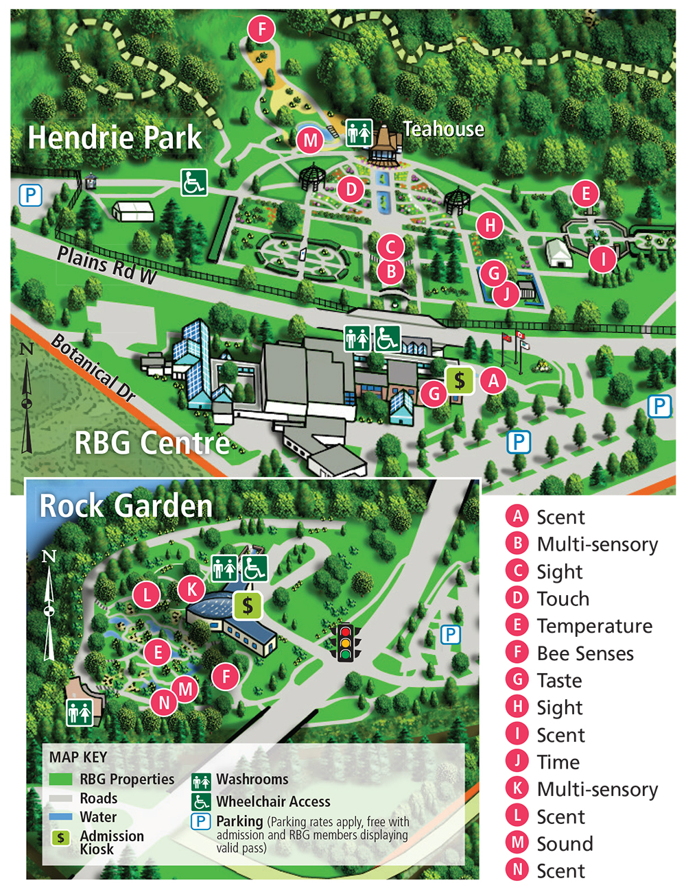 Map of Hendrie Park and Rock Garden indicating sign locations