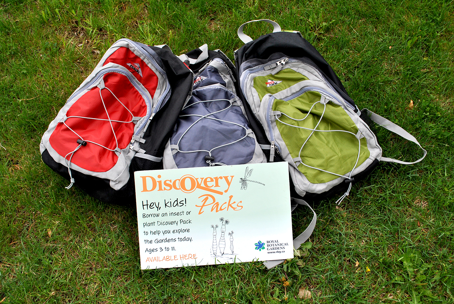 Coloured Backpacks On Grass With Discovery Packs Sign