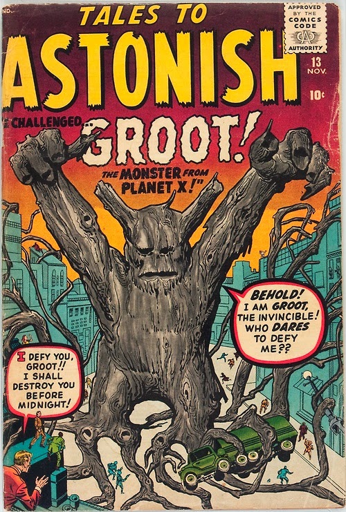The cover of “Takes to Astonish, No. 13” from November 1960, a Marvel comic book. It features the rampaging first iteration of Groot, a long way from the strong but gentle (to his friends) giant portrayed in recent films.