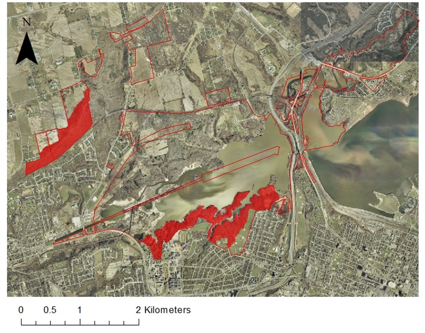 Satellite map highlighting the LDD moth spray zones along the south shore of Cootes Paradise