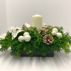 Photos-Fresh Evergreen Designs C holiday evergreen arrangement with a candle at the centre