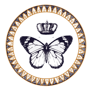 Logo with monarch and crown inside decorative circle