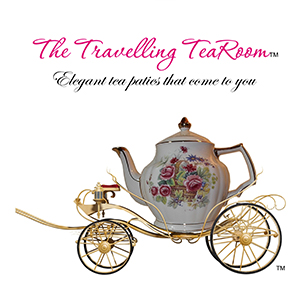 The Travelling TeaRoom - Elegant tea parties that come to you. Logo with image of teapot on carriage